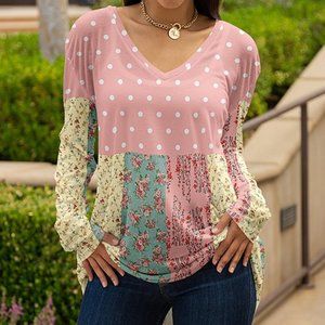 Rose and  blue patchwork.long sleeve V-neck tunic – lily